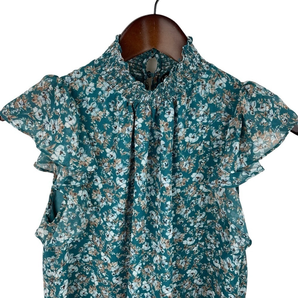 1.State | Green Floral High Neck Chiffon Top - Picture 2 of 7